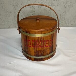 Antique Vintage Wood Cookie Jar Firkin Bucket Canister Sugar Pail w/Handle & Lid